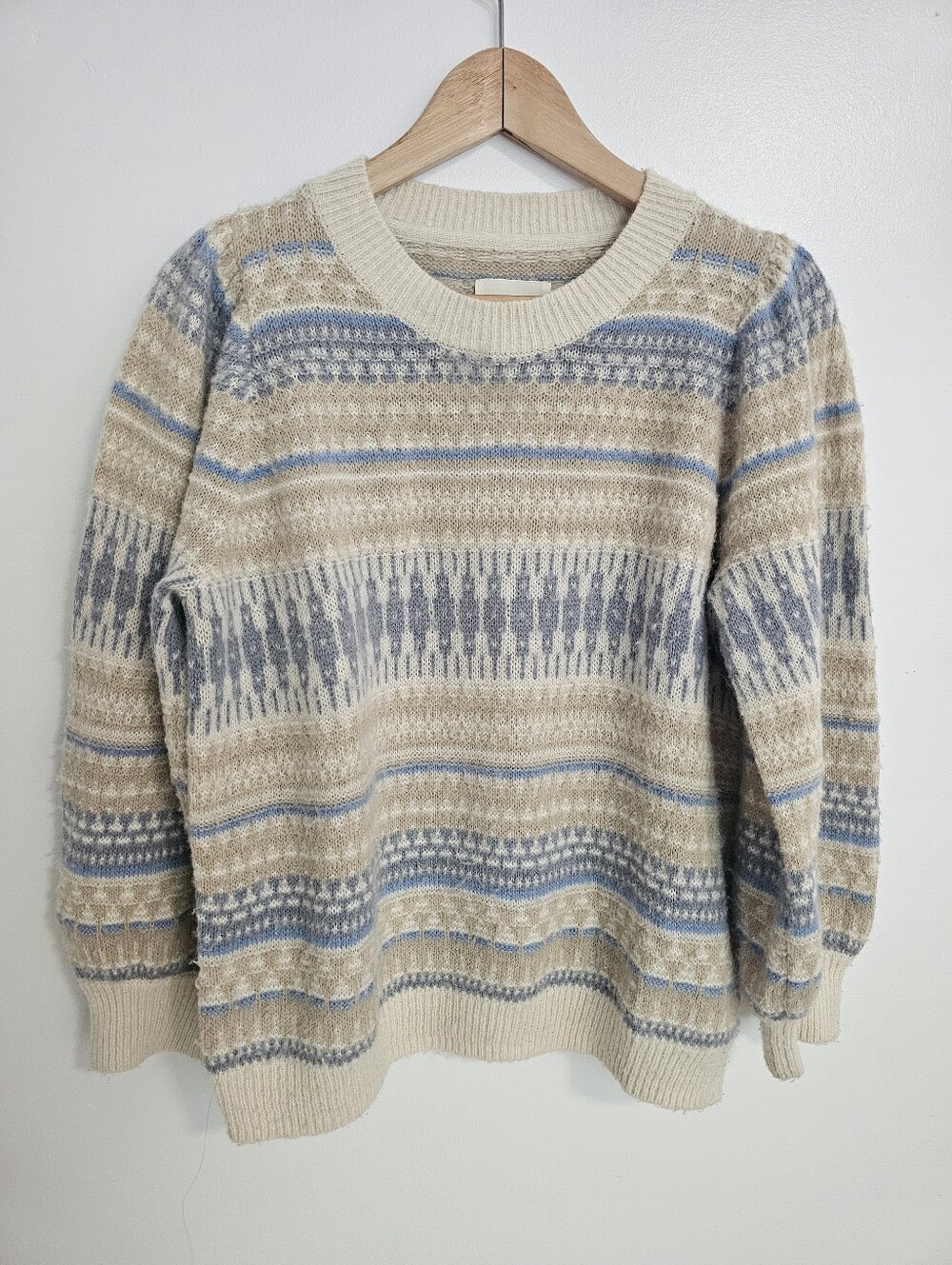 Part Two Fair Isle Knit Sweater Cream Dusty Blue Alpaca Wool Blend Size L